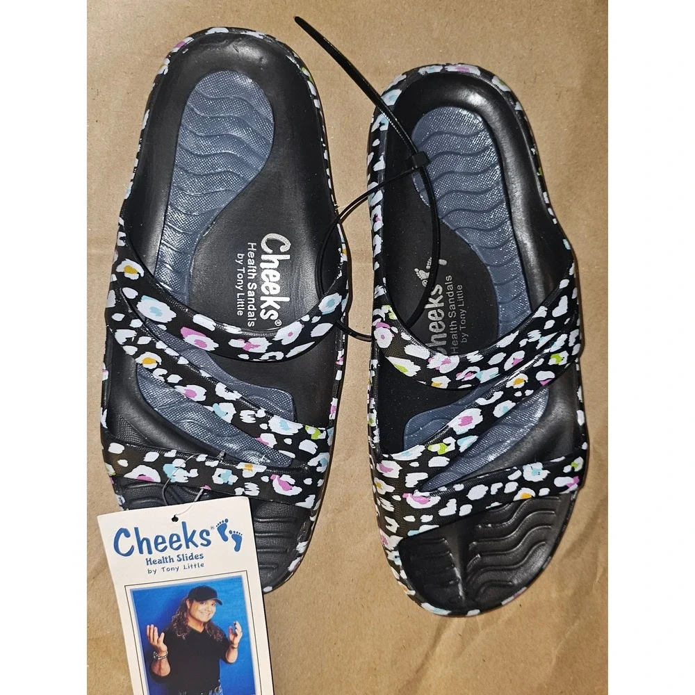 NWT Tony Little Cheeks Womens Black Floral Health Slides Sandals 7